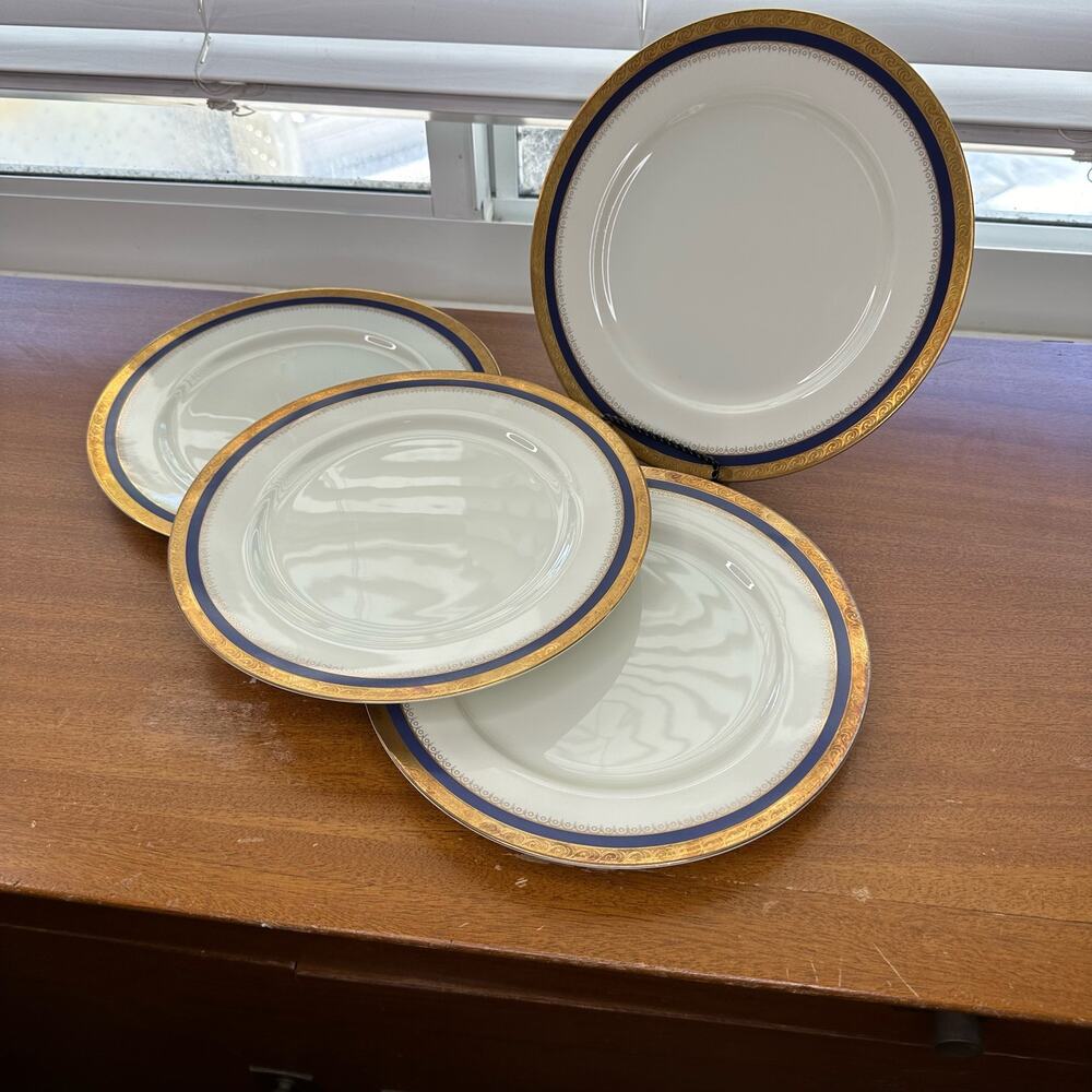 Vtg Fine China Dinner Plates Set/4 Alhambra Pattern by Ranmaru Cobalt Blue/Gold